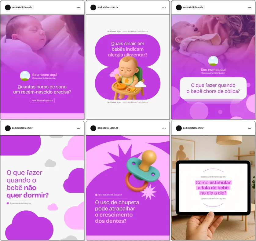 Pack Canva Cuidados com o Bebê – Kit de posts editáveis com artes e conteúdos prontos para Instagram e redes sociais. Ideal para perfis de maternidade, pediatras, consultoras de sono, educadores parentais e cuidadores. Inclui posts sobre amamentação, introdução alimentar, higiene do bebê, sono, desenvolvimento infantil e dicas práticas para o dia a dia dos pais.