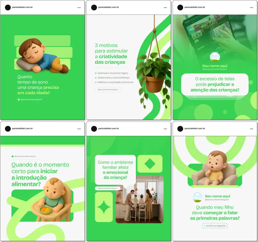 Pack Canva Desenvolvimento Infantil – Kit com posts e artes editáveis para Instagram e redes sociais, com conteúdos prontos sobre fases do crescimento, estimulação cognitiva, desenvolvimento motor, linguagem, habilidades socioemocionais e orientações para pais e educadores. Ideal para psicólogos infantis, pedagogos, terapeutas ocupacionais e escolas que desejam fortalecer sua presença digital.