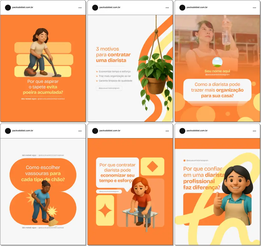 Pack Canva Diarista – Kit de posts prontos e 100% editáveis no Canva para divulgar serviços de faxina, organização e limpeza profissional. Inclui artes modernas sobre dicas de limpeza, antes e depois, benefícios da contratação de diarista, cuidados com cada ambiente da casa e chamadas para agendamento. Ideal para quem deseja atrair clientes no Instagram e nas redes sociais.