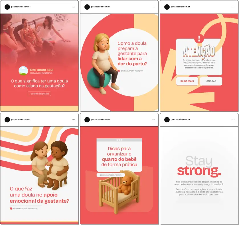 Pack Canva Doula – Kit com posts e artes editáveis para Instagram e redes sociais, com conteúdos prontos sobre acompanhamento gestacional, parto humanizado, suporte emocional, orientações para gestantes, pós-parto, amamentação e cuidados com recém-nascidos. Ideal para doulas, profissionais de maternidade e consultoras perinatais que desejam aumentar presença digital e engajamento.
