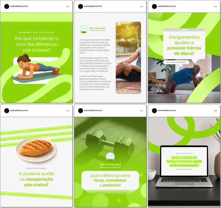 Pack Canva Fisioterapia Esportiva – Kit de posts editáveis com artes e conteúdos prontos para Instagram e redes sociais, ideal para fisioterapeutas, clínicas esportivas e profissionais de reabilitação. Inclui posts sobre prevenção de lesões, alongamentos, fortalecimento muscular, reabilitação de atletas, dicas de performance e promoções de serviços, para atrair clientes e aumentar sua presença digital.