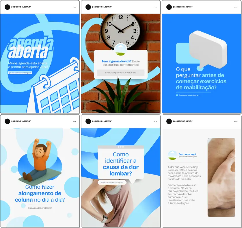 Pack Canva Fisioterapia Ortopédica – Kit de posts e artes editáveis com conteúdos prontos para Instagram e redes sociais, abordando prevenção de lesões, reabilitação física, fortalecimento muscular, mobilidade articular, exercícios terapêuticos e orientações para pacientes em tratamento ortopédico.