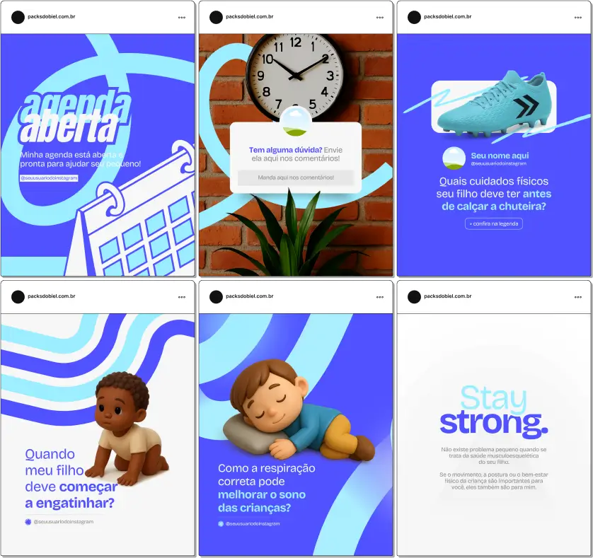 Pack Canva Fisioterapia Pediátrica – Kit com posts e artes editáveis para Instagram e redes sociais, com conteúdos prontos sobre desenvolvimento motor infantil, exercícios de reabilitação, postura, alongamentos, prevenção de lesões, fisioterapia respiratória e orientações para pais e cuidadores. Ideal para fisioterapeutas pediátricos, clínicas de reabilitação infantil e profissionais de saúde que desejam fortalecer sua presença digital.