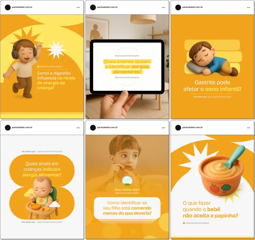 Pack Canva Gastropediatria – Kit de posts editáveis com artes e conteúdos prontos para Instagram e redes sociais, ideal para gastropediatras, pediatras, clínicas infantis e profissionais de saúde gastrointestinal. Inclui posts sobre prevenção e tratamento de refluxo, gastrite, cólicas, intolerâncias alimentares, alimentação saudável e cuidados digestivos para crianças, para atrair pacientes e fortalecer sua presença digital.