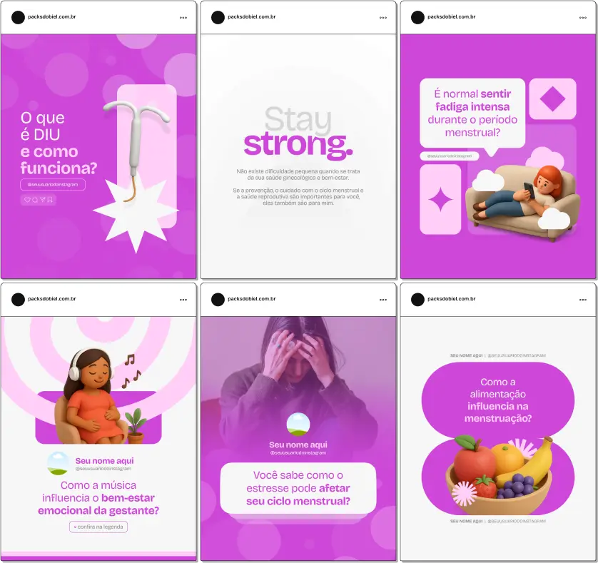 Pack Canva Ginecologista – Kit de posts editáveis com artes e conteúdos prontos para Instagram e redes sociais, ideal para ginecologistas, obstetras, clínicas de saúde da mulher e profissionais de saúde. Inclui conteúdos sobre exames preventivos, anticoncepção, ciclo menstrual, saúde íntima, prevenção de doenças, orientação para gestantes e dicas de bem-estar, fortalecendo a presença digital e atraindo pacientes.