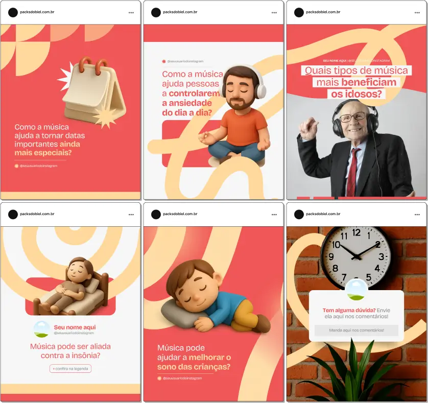 Pack Canva Musicoterapia – Kit com posts e artes editáveis para Instagram e redes sociais, com conteúdos prontos sobre técnicas de musicoterapia, terapias musicais para crianças, adultos e idosos, estimulação cognitiva, desenvolvimento emocional, relaxamento, redução de estresse e promoção do bem-estar. Ideal para musicoterapeutas, clínicas de reabilitação e profissionais de saúde mental que desejam aumentar presença digital e engajamento.