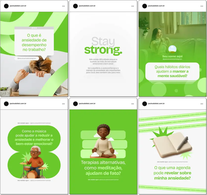 Pack Canva Psicologia e Ansiedade – Kit de posts editáveis com artes e conteúdos prontos para Instagram e redes sociais, ideal para psicólogos, terapeutas, clínicas de psicologia e profissionais de saúde mental. Inclui posts sobre identificação de sinais de ansiedade, técnicas de relaxamento, gestão emocional, autocuidado, terapia cognitivo-comportamental e estratégias para melhorar o bem-estar, para educar a audiência e aumentar a presença digital.