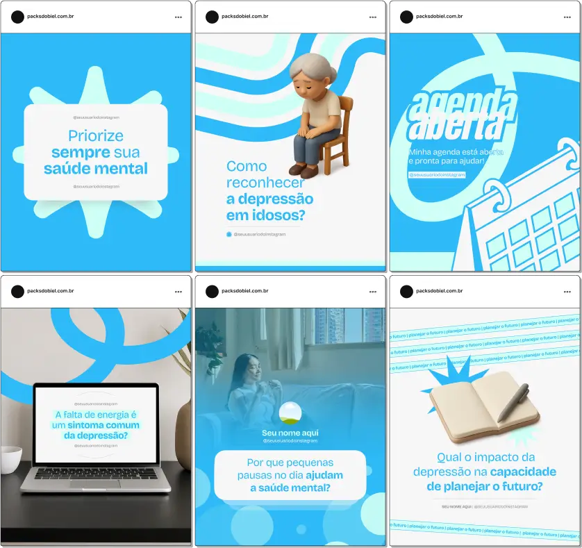 Pack Canva Psicologia e Depressão – Kit de posts editáveis com artes e conteúdos prontos para Instagram e redes sociais. Criado para psicólogos, terapeutas e profissionais de saúde mental que desejam compartilhar informações sobre sintomas da depressão, sinais de alerta, autoestima, psicoterapia, estratégias de enfrentamento e autocuidado. Ideal para fortalecer a presença digital, educar pacientes e atrair novos atendimentos.