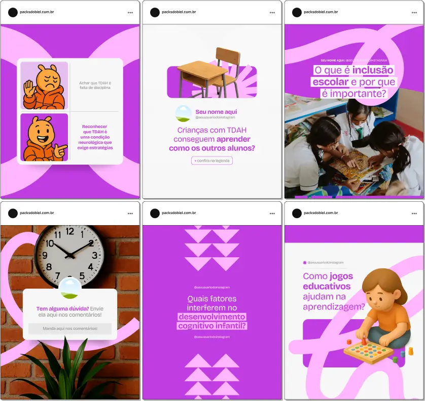 Pack Canva Psicopedagogia – Kit de posts e artes editáveis com conteúdos prontos para Instagram e redes sociais, abordando desenvolvimento cognitivo, dificuldades de aprendizagem, estratégias educativas, acompanhamento escolar, intervenção pedagógica e orientações para pais e professores.