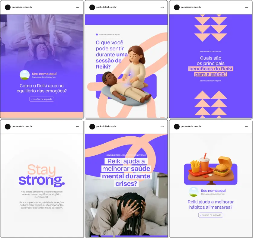 Pack Canva Reiki – Kit de posts e artes editáveis com conteúdos prontos para Instagram e redes sociais, abordando práticas de Reiki, equilíbrio energético, harmonização do corpo e mente, técnicas de imposição de mãos, benefícios para saúde física e emocional, e orientações para terapeutas e clientes.