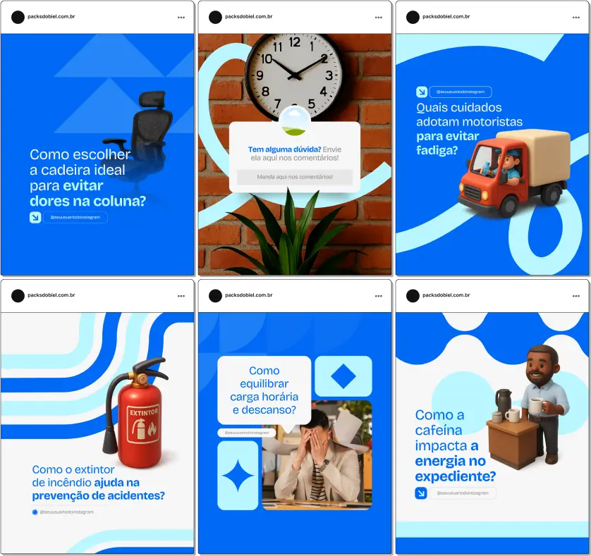 Pack Canva Saúde Ocupacional – Kit de posts e artes editáveis com conteúdos prontos para Instagram e redes sociais, abordando ergonomia, prevenção de acidentes, programas de qualidade de vida no trabalho, exames periódicos, segurança no ambiente corporativo e orientações para empresas e colaboradores.