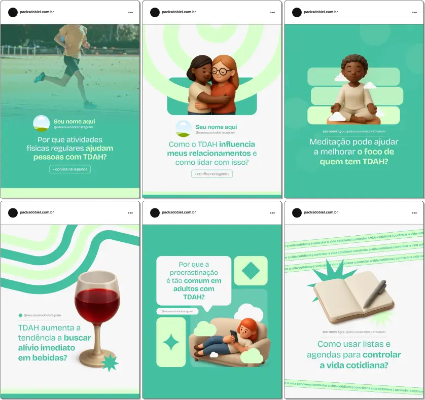 Pack Canva TDAH Adulto – Kit de posts editáveis com artes e conteúdos prontos para Instagram e redes sociais, ideal para psicólogos, psiquiatras, terapeutas, coaches e profissionais de saúde mental. Inclui posts sobre sintomas do TDAH em adultos, organização pessoal, técnicas de foco e produtividade, estratégias de autocuidado, manejo de ansiedade e impacto na vida profissional e pessoal, para educar a audiência e fortalecer sua presença digital.