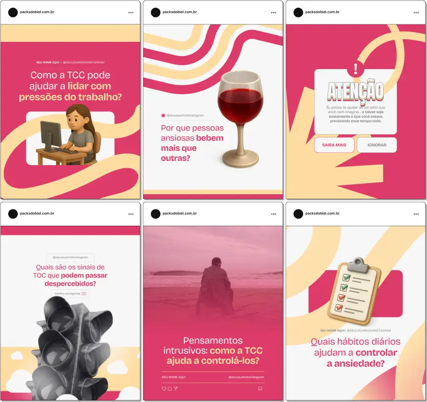 Pack Canva Terapia Cognitivo-Comportamental (TCC) – Kit de posts editáveis com artes e conteúdos prontos para Instagram e redes sociais. Inclui materiais sobre técnicas de TCC, reestruturação de pensamentos, manejo da ansiedade, depressão, crenças limitantes, distorções cognitivas e práticas para promover saúde mental. Ideal para psicólogos e terapeutas que desejam educar sua audiência e atrair novos pacientes.