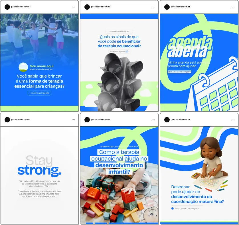 Pack Canva Terapia Ocupacional – Kit com posts e artes editáveis para Instagram e redes sociais, com conteúdos prontos sobre reabilitação física, estimulação cognitiva, atividades terapêuticas para crianças, adultos e idosos, desenvolvimento de habilidades motoras, inclusão social e estratégias para melhorar qualidade de vida. Ideal para terapeutas ocupacionais e clínicas que desejam aumentar presença digital e engajamento.