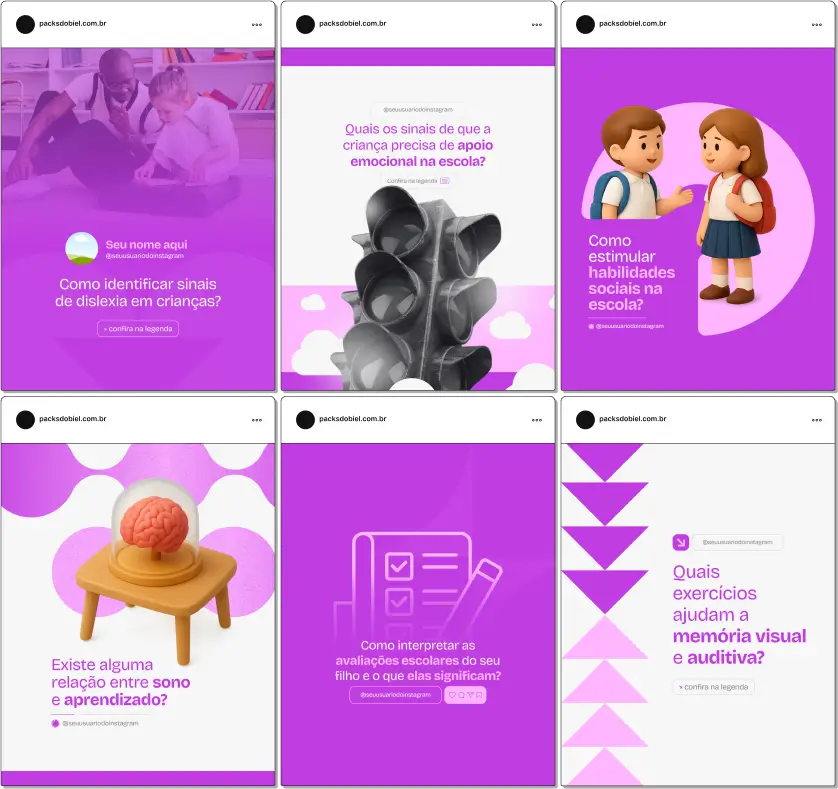Pack Canva Psicopedagogia – Kit de posts e artes editáveis com conteúdos prontos para Instagram e redes sociais, abordando desenvolvimento cognitivo, dificuldades de aprendizagem, estratégias educativas, acompanhamento escolar, intervenção pedagógica e orientações para pais e professores.
