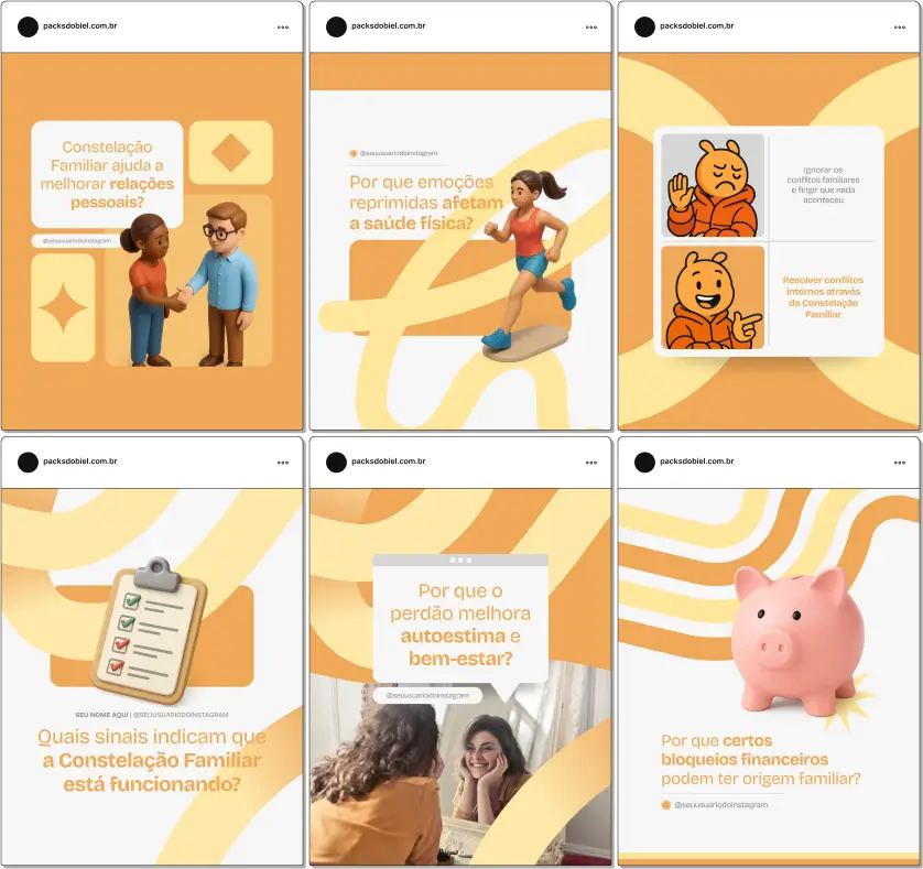 Pack Canva Constelação Familiar – Kit com posts e artes editáveis para Instagram e redes sociais, com conteúdos prontos sobre terapias sistêmicas, resolução de conflitos familiares, dinâmicas de relacionamentos, autoconhecimento, equilíbrio emocional e fortalecimento de vínculos familiares. Ideal para consteladores familiares, psicólogos e terapeutas que desejam aumentar presença digital e engajamento.