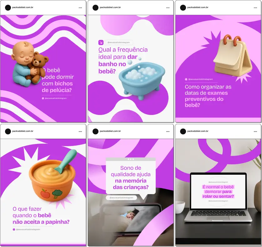 Pack Canva Cuidados com o Bebê – Kit de posts editáveis com artes e conteúdos prontos para Instagram e redes sociais. Ideal para perfis de maternidade, pediatras, consultoras de sono, educadores parentais e cuidadores. Inclui posts sobre amamentação, introdução alimentar, higiene do bebê, sono, desenvolvimento infantil e dicas práticas para o dia a dia dos pais.