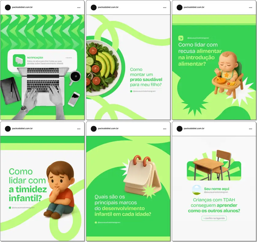 Pack Canva Desenvolvimento Infantil – Kit com posts e artes editáveis para Instagram e redes sociais, com conteúdos prontos sobre fases do crescimento, estimulação cognitiva, desenvolvimento motor, linguagem, habilidades socioemocionais e orientações para pais e educadores. Ideal para psicólogos infantis, pedagogos, terapeutas ocupacionais e escolas que desejam fortalecer sua presença digital.