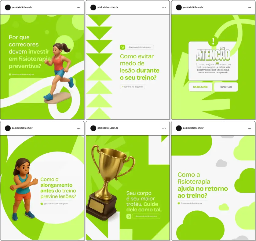 Pack Canva Fisioterapia Esportiva – Kit de posts editáveis com artes e conteúdos prontos para Instagram e redes sociais, ideal para fisioterapeutas, clínicas esportivas e profissionais de reabilitação. Inclui posts sobre prevenção de lesões, alongamentos, fortalecimento muscular, reabilitação de atletas, dicas de performance e promoções de serviços, para atrair clientes e aumentar sua presença digital.