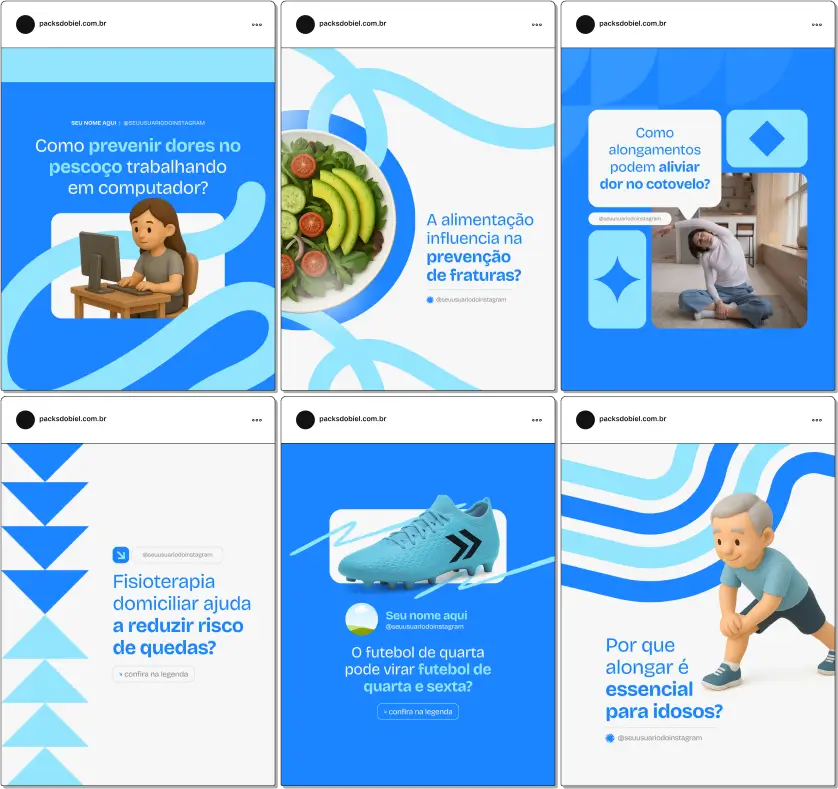 Pack Canva Fisioterapia Ortopédica – Kit de posts e artes editáveis com conteúdos prontos para Instagram e redes sociais, abordando prevenção de lesões, reabilitação física, fortalecimento muscular, mobilidade articular, exercícios terapêuticos e orientações para pacientes em tratamento ortopédico.