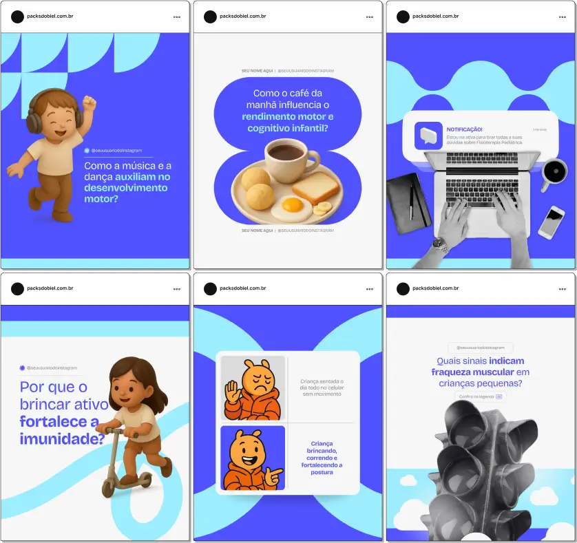 Pack Canva Fisioterapia Pediátrica – Kit com posts e artes editáveis para Instagram e redes sociais, com conteúdos prontos sobre desenvolvimento motor infantil, exercícios de reabilitação, postura, alongamentos, prevenção de lesões, fisioterapia respiratória e orientações para pais e cuidadores. Ideal para fisioterapeutas pediátricos, clínicas de reabilitação infantil e profissionais de saúde que desejam fortalecer sua presença digital.