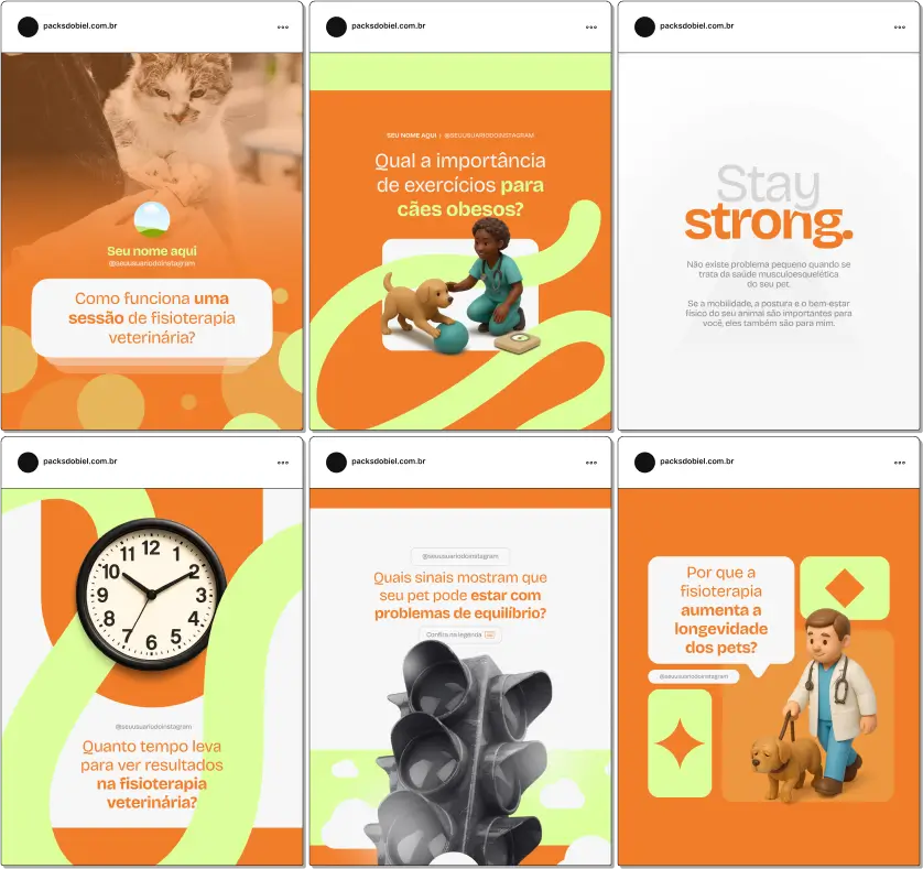 Pack Canva Fisioterapia Veterinária – Kit com posts e artes editáveis para Instagram e redes sociais, com conteúdos prontos sobre reabilitação animal, exercícios para cães e gatos, fisioterapia pós-operatória, fortalecimento muscular, prevenção de lesões e bem-estar pet. Ideal para veterinários, clínicas de reabilitação animal e profissionais da saúde pet que desejam aumentar engajamento e atrair clientes.