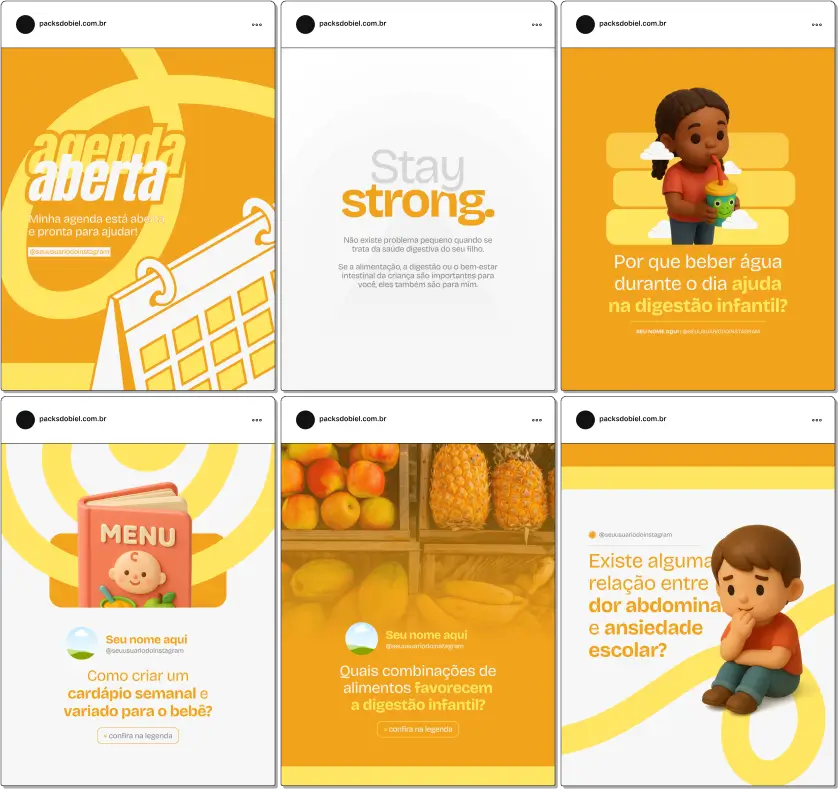 Pack Canva Gastropediatria – Kit de posts editáveis com artes e conteúdos prontos para Instagram e redes sociais, ideal para gastropediatras, pediatras, clínicas infantis e profissionais de saúde gastrointestinal. Inclui posts sobre prevenção e tratamento de refluxo, gastrite, cólicas, intolerâncias alimentares, alimentação saudável e cuidados digestivos para crianças, para atrair pacientes e fortalecer sua presença digital.