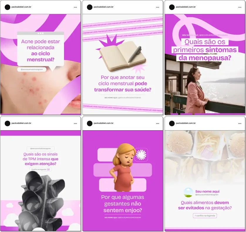 Pack Canva Ginecologista – Kit de posts editáveis com artes e conteúdos prontos para Instagram e redes sociais, ideal para ginecologistas, obstetras, clínicas de saúde da mulher e profissionais de saúde. Inclui conteúdos sobre exames preventivos, anticoncepção, ciclo menstrual, saúde íntima, prevenção de doenças, orientação para gestantes e dicas de bem-estar, fortalecendo a presença digital e atraindo pacientes.