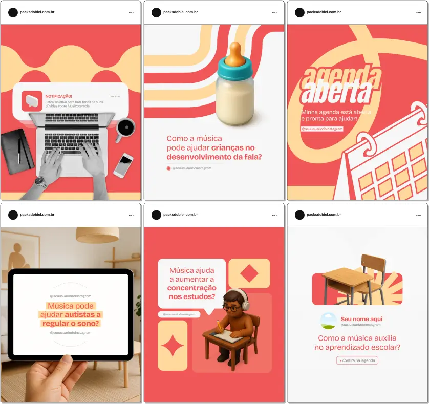 Pack Canva Musicoterapia – Kit com posts e artes editáveis para Instagram e redes sociais, com conteúdos prontos sobre técnicas de musicoterapia, terapias musicais para crianças, adultos e idosos, estimulação cognitiva, desenvolvimento emocional, relaxamento, redução de estresse e promoção do bem-estar. Ideal para musicoterapeutas, clínicas de reabilitação e profissionais de saúde mental que desejam aumentar presença digital e engajamento.