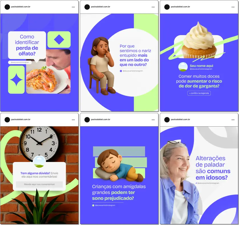 Pack Canva Otorrino – Kit com posts e artes editáveis para Instagram e redes sociais, com conteúdos prontos sobre saúde auditiva, doenças do ouvido, nariz e garganta, rinite, sinusite, labirintite, zumbido, apneia do sono e orientações para pacientes. Ideal para médicos otorrinolaringologistas e clínicas que desejam fortalecer sua presença digital.