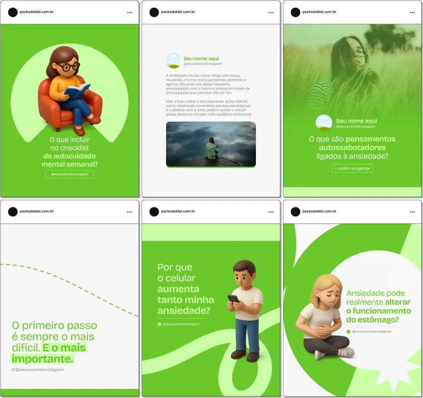 Pack Canva Psicologia e Ansiedade – Kit de posts editáveis com artes e conteúdos prontos para Instagram e redes sociais, ideal para psicólogos, terapeutas, clínicas de psicologia e profissionais de saúde mental. Inclui posts sobre identificação de sinais de ansiedade, técnicas de relaxamento, gestão emocional, autocuidado, terapia cognitivo-comportamental e estratégias para melhorar o bem-estar, para educar a audiência e aumentar a presença digital.