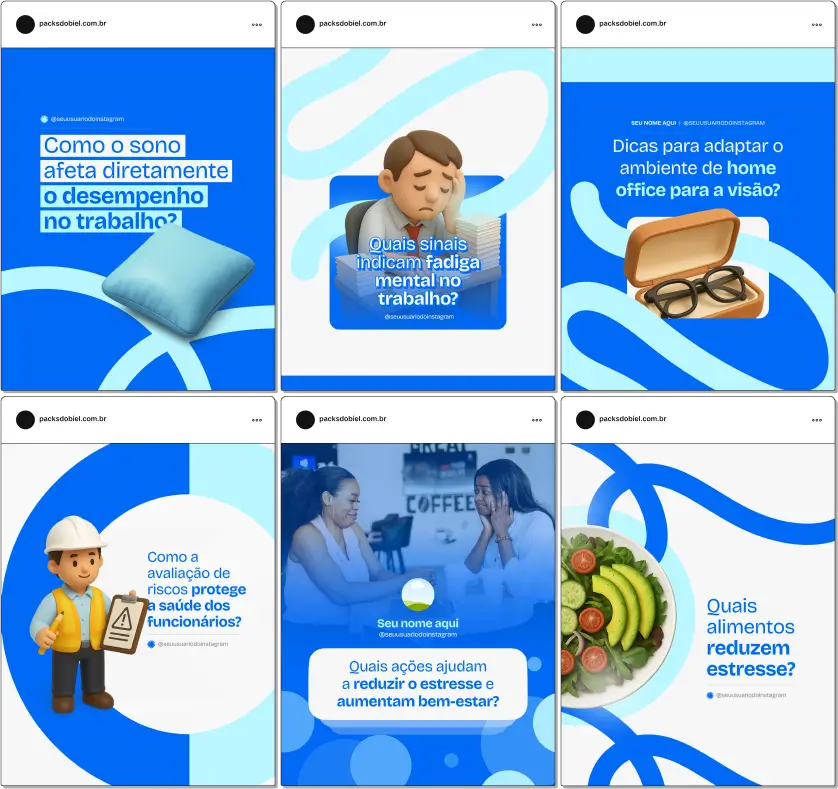 Pack Canva Saúde Ocupacional – Kit de posts e artes editáveis com conteúdos prontos para Instagram e redes sociais, abordando ergonomia, prevenção de acidentes, programas de qualidade de vida no trabalho, exames periódicos, segurança no ambiente corporativo e orientações para empresas e colaboradores.