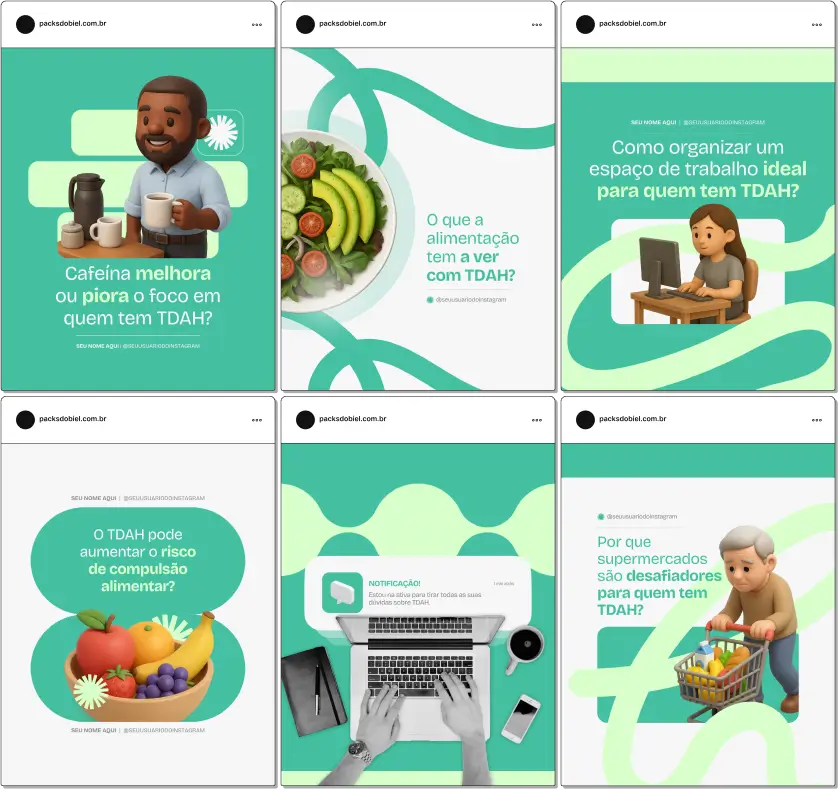 Pack Canva TDAH Adulto – Kit de posts editáveis com artes e conteúdos prontos para Instagram e redes sociais, ideal para psicólogos, psiquiatras, terapeutas, coaches e profissionais de saúde mental. Inclui posts sobre sintomas do TDAH em adultos, organização pessoal, técnicas de foco e produtividade, estratégias de autocuidado, manejo de ansiedade e impacto na vida profissional e pessoal, para educar a audiência e fortalecer sua presença digital.