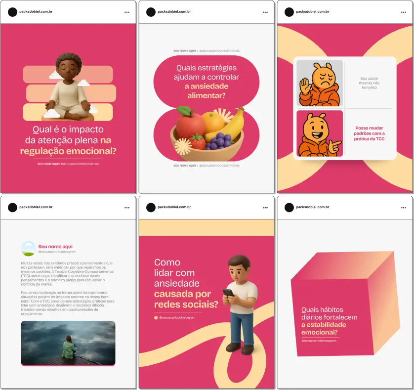 Pack Canva Terapia Cognitivo-Comportamental (TCC) – Kit de posts editáveis com artes e conteúdos prontos para Instagram e redes sociais. Inclui materiais sobre técnicas de TCC, reestruturação de pensamentos, manejo da ansiedade, depressão, crenças limitantes, distorções cognitivas e práticas para promover saúde mental. Ideal para psicólogos e terapeutas que desejam educar sua audiência e atrair novos pacientes.