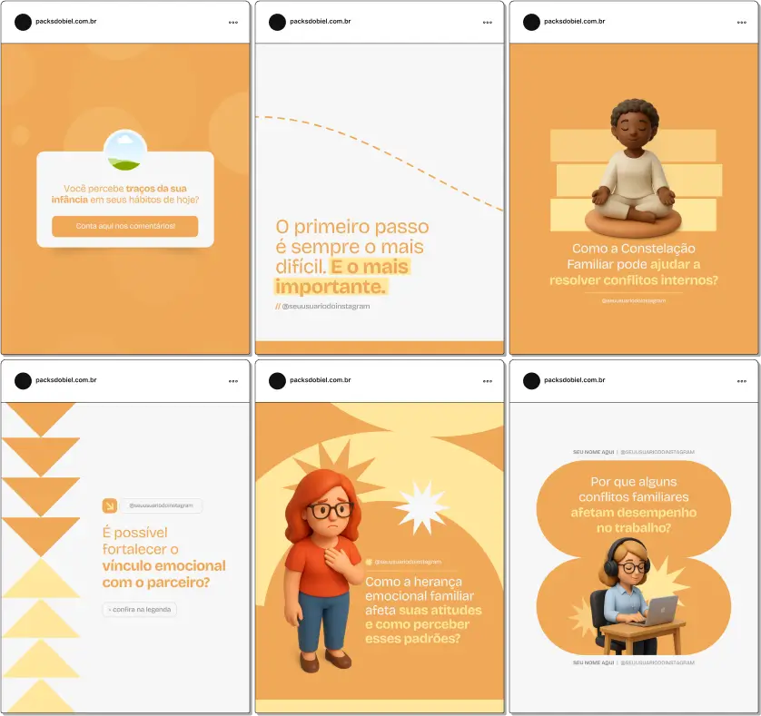 Com este Pack Canva de Constelação Familiar, você terá posts prontos e personalizáveis para redes sociais, abordando temas como padrões familiares, conflitos de relacionamento, cura emocional, harmonia familiar, orientação para clientes e estratégias para atrair seguidores interessados em desenvolvimento pessoal e terapias sistêmicas.