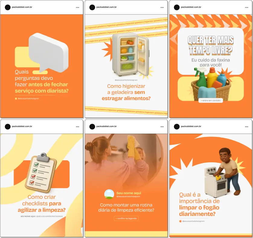 Pack Canva Diarista – Kit de posts prontos e 100% editáveis no Canva para divulgar serviços de faxina, organização e limpeza profissional. Inclui artes modernas sobre dicas de limpeza, antes e depois, benefícios da contratação de diarista, cuidados com cada ambiente da casa e chamadas para agendamento. Ideal para quem deseja atrair clientes no Instagram e nas redes sociais.