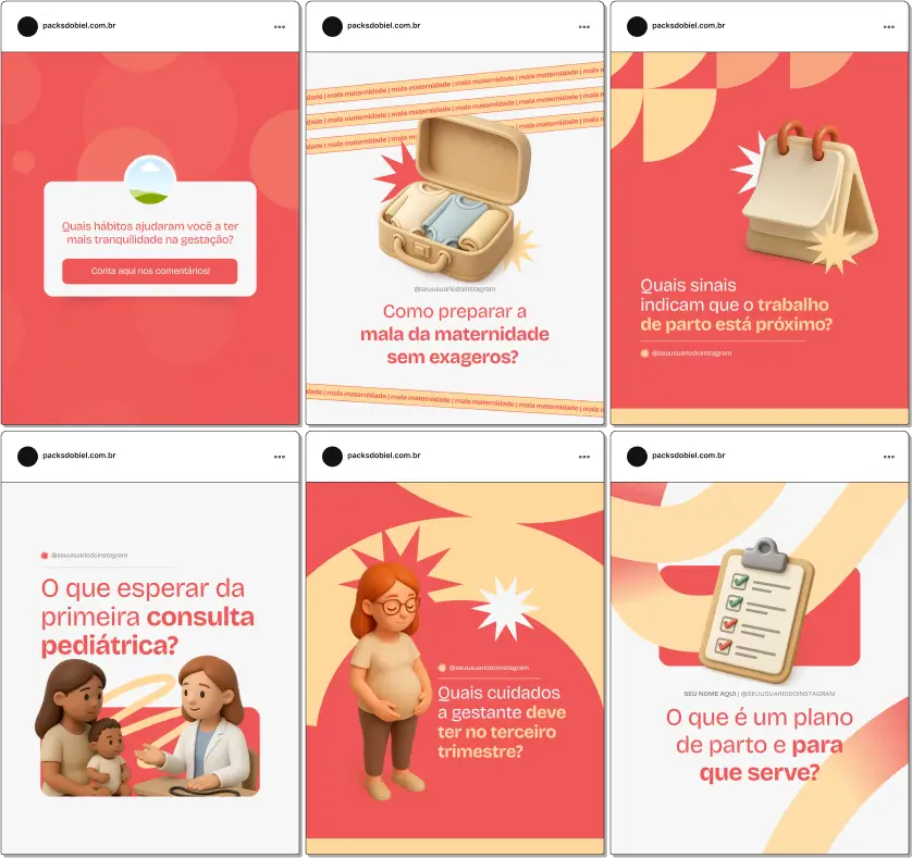 Pack Canva Doula – Kit com posts e artes editáveis para Instagram e redes sociais, com conteúdos prontos sobre acompanhamento gestacional, parto humanizado, suporte emocional, orientações para gestantes, pós-parto, amamentação e cuidados com recém-nascidos. Ideal para doulas, profissionais de maternidade e consultoras perinatais que desejam aumentar presença digital e engajamento.