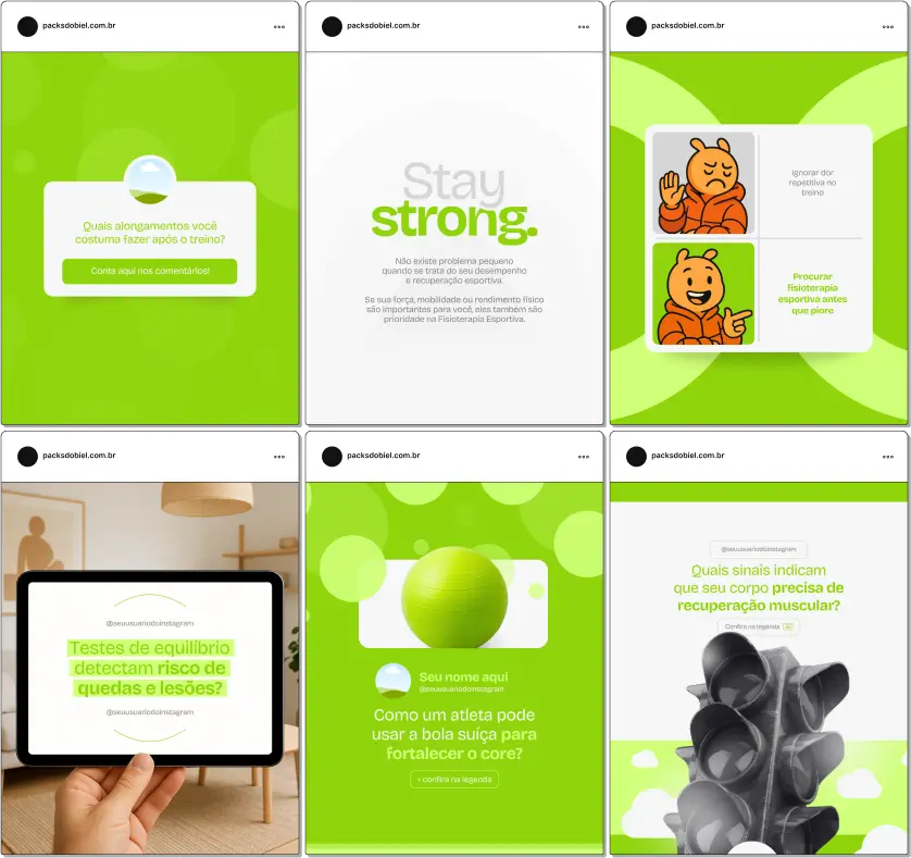 Pack Canva Fisioterapia Esportiva – Kit de posts editáveis com artes e conteúdos prontos para Instagram e redes sociais, ideal para fisioterapeutas, clínicas esportivas e profissionais de reabilitação. Inclui posts sobre prevenção de lesões, alongamentos, fortalecimento muscular, reabilitação de atletas, dicas de performance e promoções de serviços, para atrair clientes e aumentar sua presença digital.