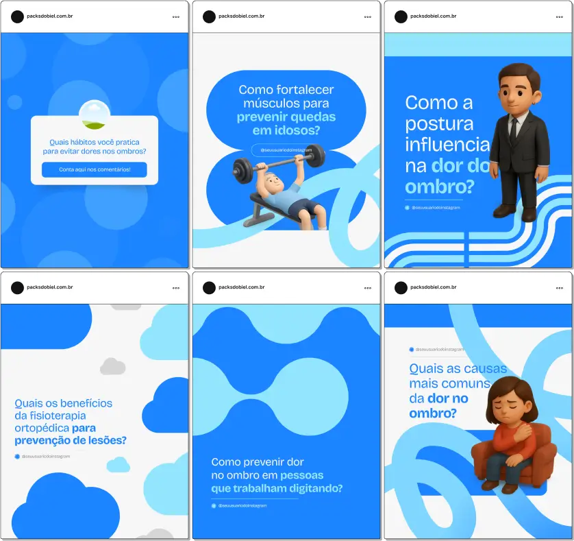 Com este Pack Canva de Fisioterapia Ortopédica, você terá posts prontos e personalizáveis para redes sociais, focados em fisioterapeutas e clínicas de reabilitação, com conteúdos sobre cuidados pós-cirúrgicos, alongamentos, exercícios de fortalecimento, prevenção de dores musculoesqueléticas e educação em saúde para pacientes.