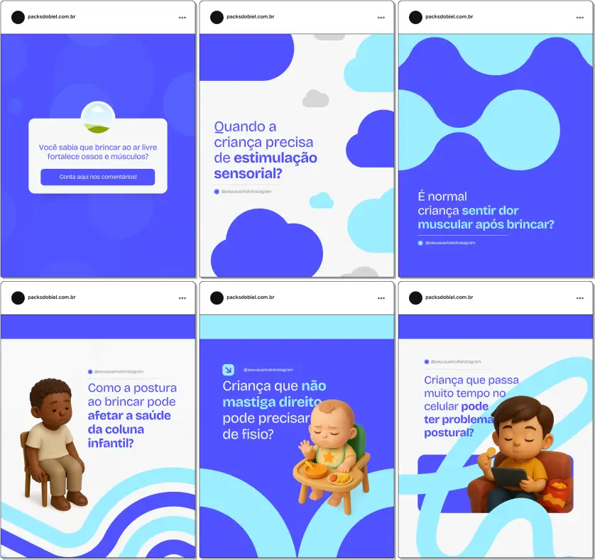 Com este Pack Canva de Fisioterapia Pediátrica, você terá posts personalizáveis para redes sociais, focados em fisioterapeutas e clínicas especializadas, com conteúdos educativos sobre estimulação motora, recuperação após lesões, exercícios para crianças com necessidades especiais, prevenção de problemas posturais e dicas para engajar pais e familiares.