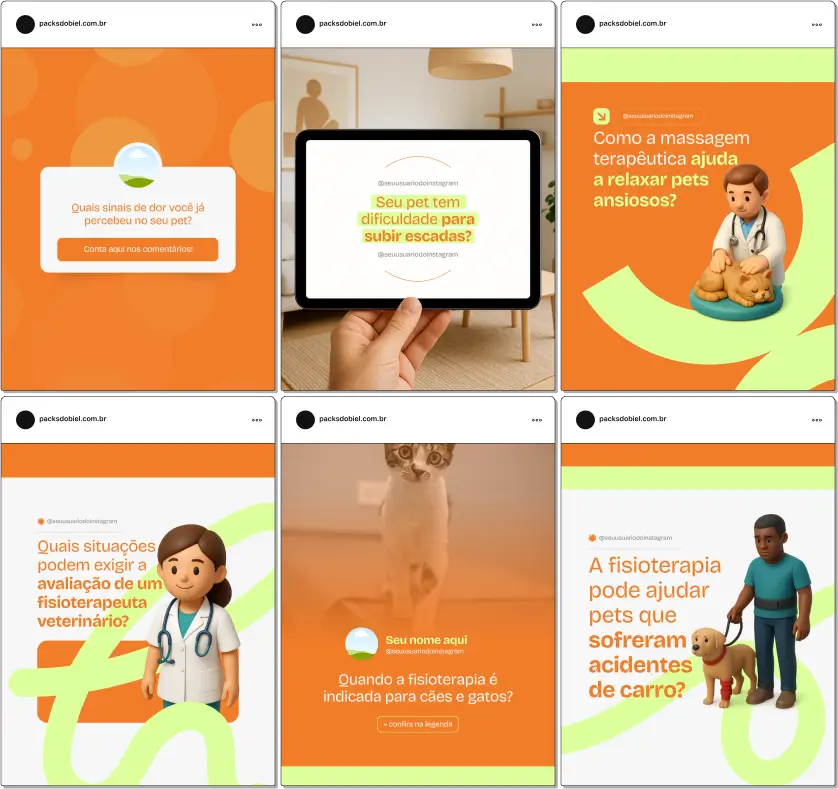 Com este Pack Canva de Fisioterapia Veterinária, você terá posts prontos e personalizáveis para redes sociais, abordando temas como fisioterapia canina e felina, recuperação de mobilidade, exercícios terapêuticos, cuidados pós-cirúrgicos, fortalecimento articular e dicas para tutores cuidarem da saúde de seus animais.