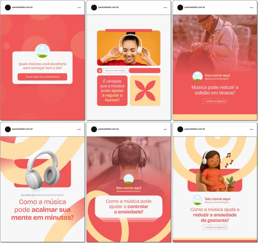 Com este Pack Canva de Musicoterapia, você terá posts prontos e personalizáveis para redes sociais, focados em musicoterapeutas e profissionais de terapias integrativas, abordando benefícios da música na saúde mental, melhora da comunicação, desenvolvimento de habilidades cognitivas, terapias individuais ou em grupo e estratégias de engajamento com pacientes e seguidores.