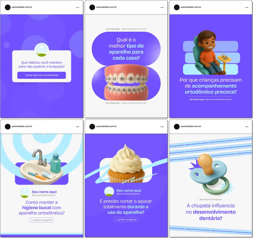 Pack Canva Ortodontia – Kit de posts editáveis com artes e conteúdos prontos para Instagram e redes sociais, ideal para ortodontistas, clínicas odontológicas e profissionais de estética dental. Inclui posts sobre tipos de aparelhos, alinhadores, cuidados com dentes e gengivas, tratamentos preventivos, dicas de higiene bucal e promoções de serviços, para atrair pacientes e fortalecer sua presença digital.