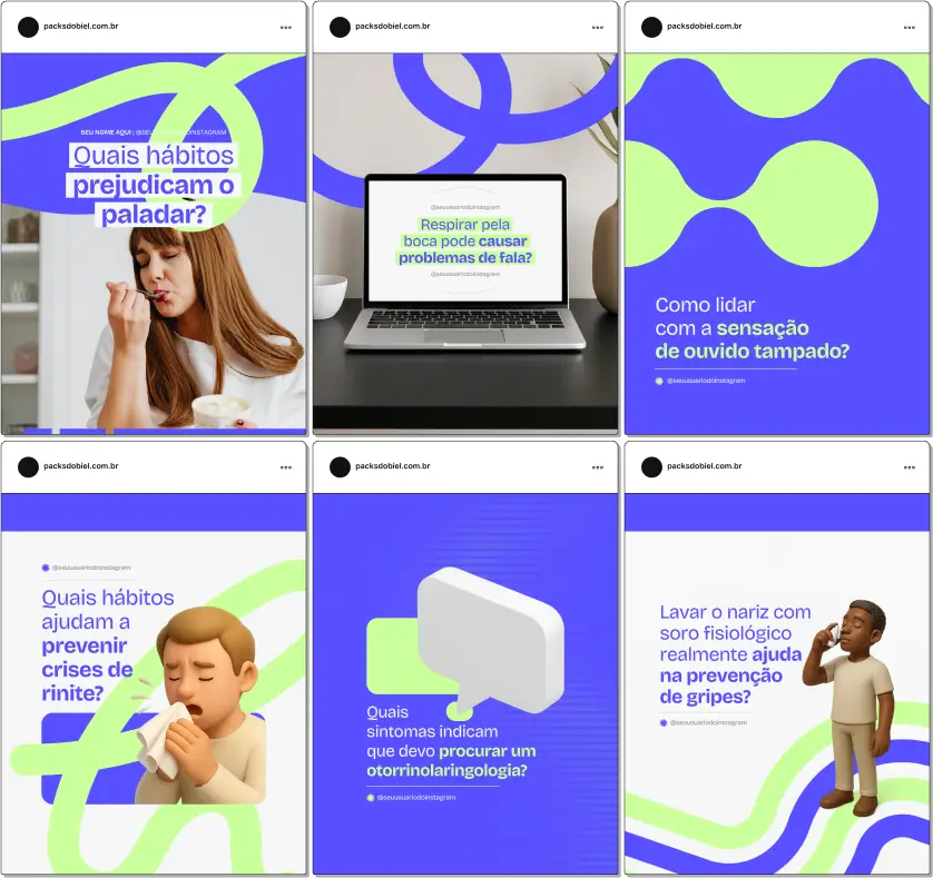 Com este Pack Canva Otorrinolaringologia, você terá posts profissionais e personalizados para redes sociais, trazendo dicas sobre audição, respiração, voz, prevenção de infecções, uso de aparelhos auditivos, cuidados com a saúde infantil e adulta, além de orientações práticas para pacientes.
