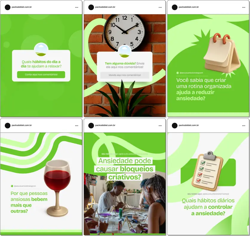 Com o Pack Canva Psicologia e Ansiedade, você terá conteúdos prontos para compartilhar orientações sobre saúde mental, prevenção de crises de ansiedade, dicas de coping, mindfulness, exercícios de respiração e autoconhecimento. Totalmente editável no Canva, o kit permite criar um perfil profissional, acolhedor e engajador no Instagram e outras redes sociais.