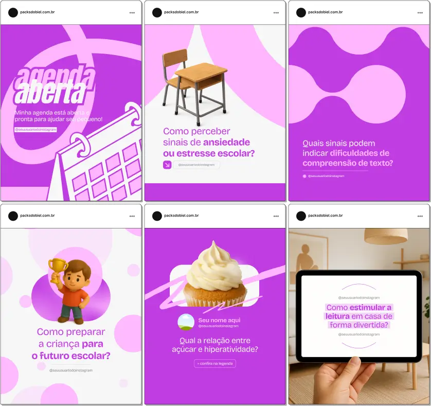 Com este Pack Canva de Psicopedagogia, você terá posts prontos e personalizáveis para redes sociais, focados em psicopedagogos e profissionais da educação, com conteúdos sobre avaliação de aprendizagem, transtornos de aprendizagem, técnicas de leitura e escrita, desenvolvimento infantil e dicas pedagógicas para engajar alunos e famílias.
