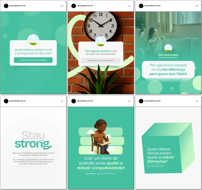 Com o Pack Canva TDAH Adulto, você terá conteúdos prontos para compartilhar informações sobre diagnóstico, tratamento, medicação, terapia cognitivo-comportamental, dicas de rotina e gestão de impulsos. Totalmente editável no Canva, o kit permite criar um perfil profissional, educativo e engajador no Instagram e outras redes sociais.