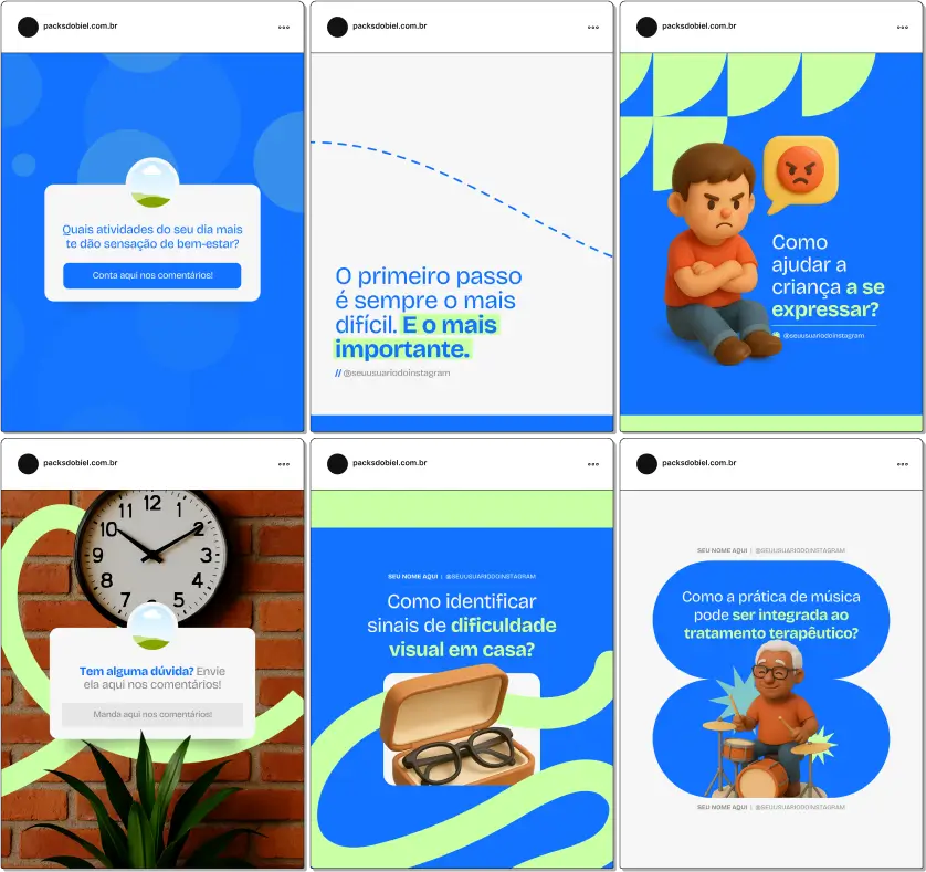 Com este Pack Canva de Terapia Ocupacional, você terá posts prontos e personalizáveis para redes sociais, focados em técnicas de reabilitação, intervenções cognitivas e motoras, atividades terapêuticas para saúde mental, inclusão de pacientes com necessidades especiais e dicas para engajar familiares e cuidadores nas terapias.