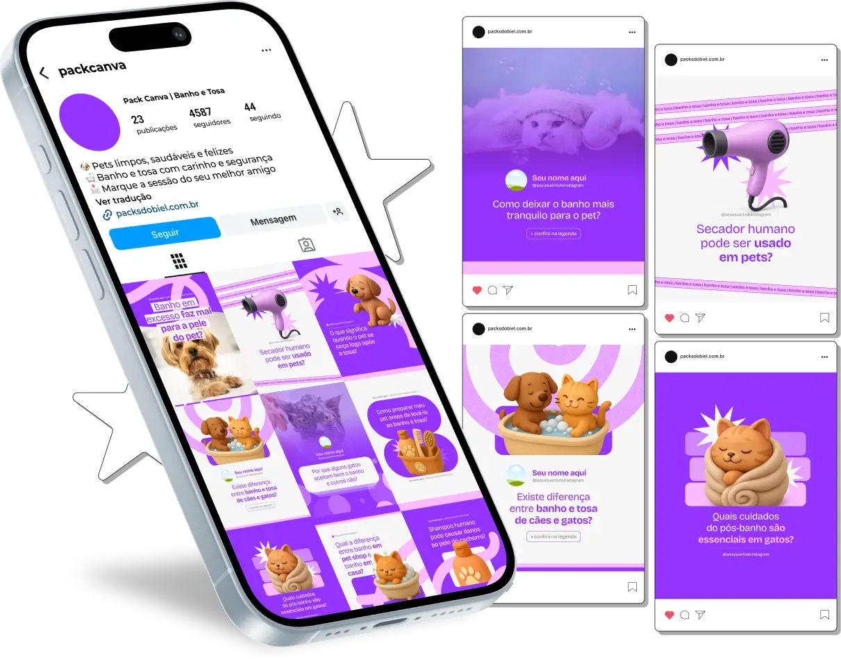 Kit de posts editáveis no Canva para quem trabalha com banho e tosa. São artes prontas para destacar seus diferenciais, mostrar serviços como corte de unhas, desembolo de pelos, higiene de orelhas e hidratação, além de frases criativas e chamadas para ação. Perfeito para pet shops e profissionais que querem fortalecer sua presença digital e conquistar tutores de pets.