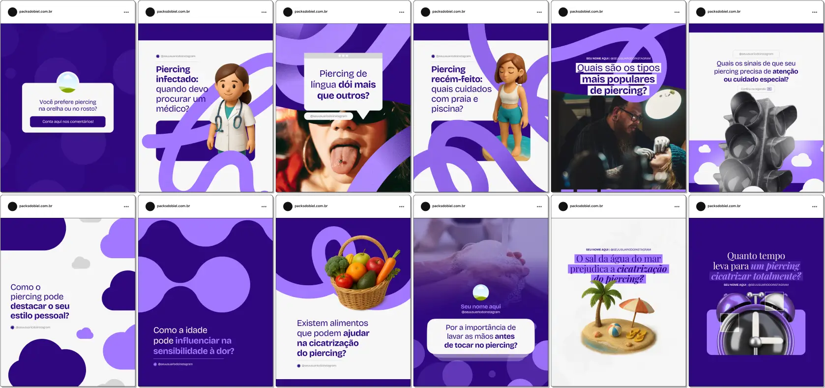 Pack Canva Body Piercing – Kit de posts e artes editáveis para estúdios de piercing e body piercers que desejam atrair clientes e fortalecer a presença digital. Inclui conteúdos prontos sobre cuidados com piercings, higienização, cicatrização, tipos de joias, tendências e dicas para manter a saúde e estética da perfuração.